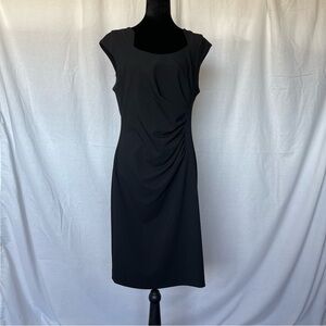 Calvin Klein Black Midi Dress Ruching Cap Sleeve Lined Classic LBD Size 12